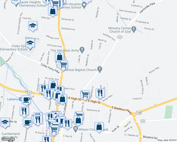 map of restaurants, bars, coffee shops, grocery stores, and more near 215 Burdock Street in Lebanon