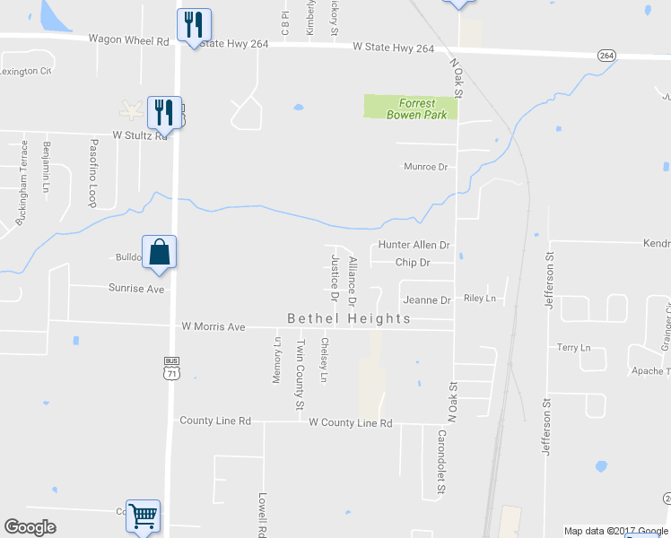 map of restaurants, bars, coffee shops, grocery stores, and more near 3545 Justice Drive in Bethel Heights