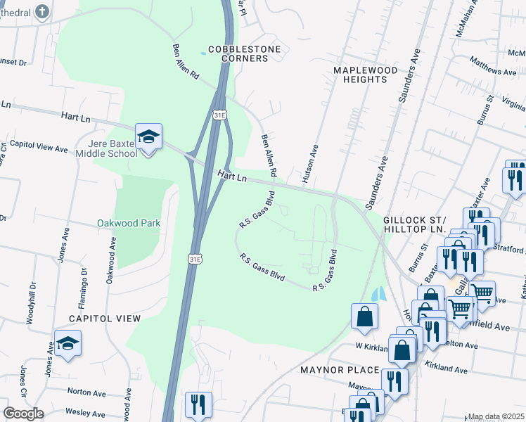 map of restaurants, bars, coffee shops, grocery stores, and more near R.S. Gass Boulevard in Nashville