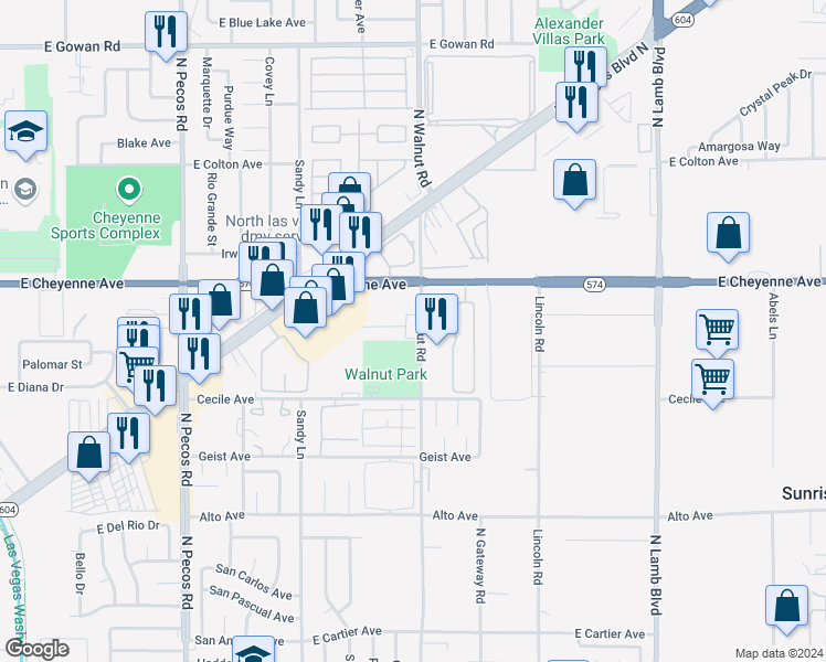 map of restaurants, bars, coffee shops, grocery stores, and more near 3109 North Walnut Road in Las Vegas