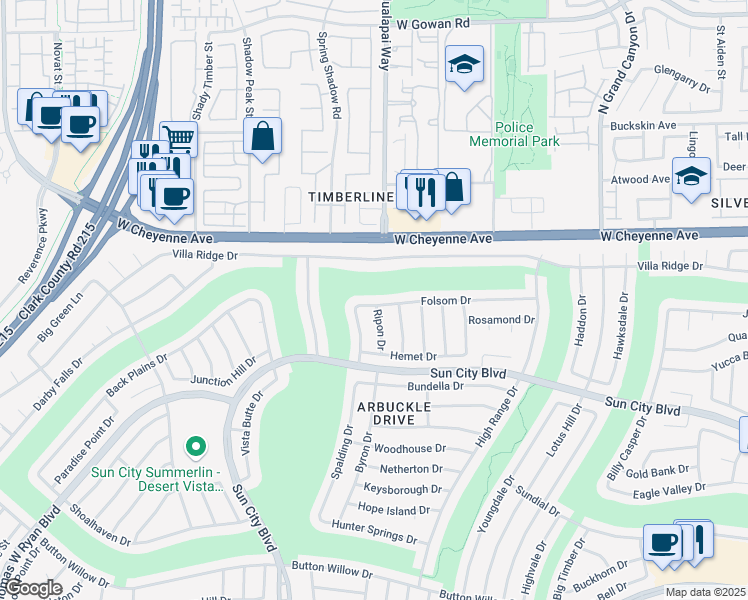 map of restaurants, bars, coffee shops, grocery stores, and more near 10100 Folsom Drive in Las Vegas