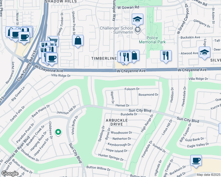 map of restaurants, bars, coffee shops, grocery stores, and more near 10100 Folsom Drive in Las Vegas