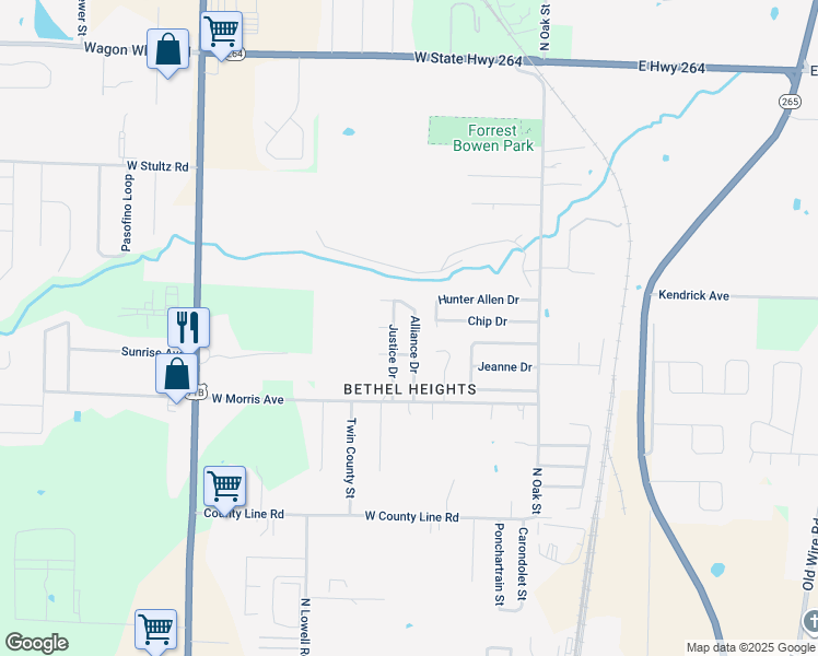 map of restaurants, bars, coffee shops, grocery stores, and more near 3546 Alliance Drive in Springdale
