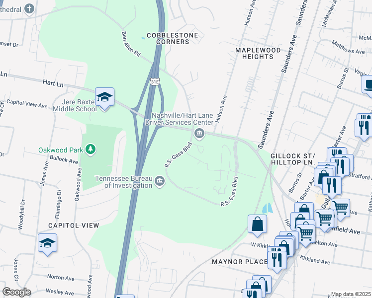 map of restaurants, bars, coffee shops, grocery stores, and more near R.S. Gass Boulevard in Nashville