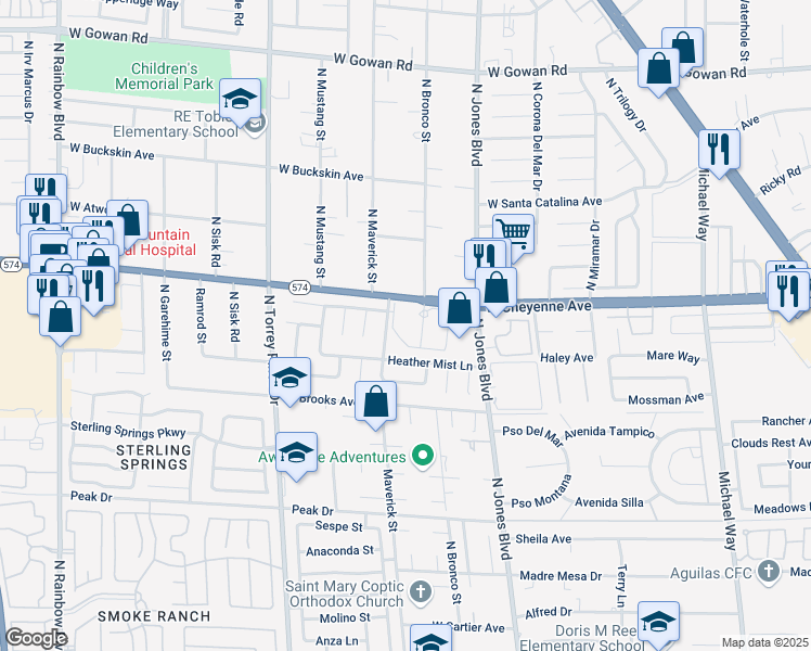 map of restaurants, bars, coffee shops, grocery stores, and more near 6031 West Cheyenne Avenue in Las Vegas