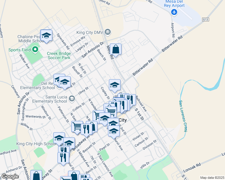map of restaurants, bars, coffee shops, grocery stores, and more near 316 North 2nd Street in King City