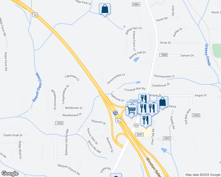 map of restaurants, bars, coffee shops, grocery stores, and more near 767 Crooked Run Road in Rural Hall