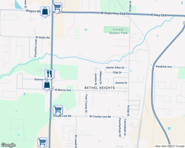 map of restaurants, bars, coffee shops, grocery stores, and more near 298 Glory Lane in Bethel Heights