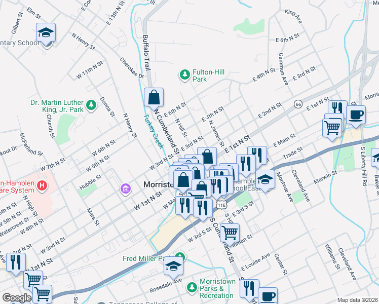 map of restaurants, bars, coffee shops, grocery stores, and more near 314 North Cumberland Street in Morristown