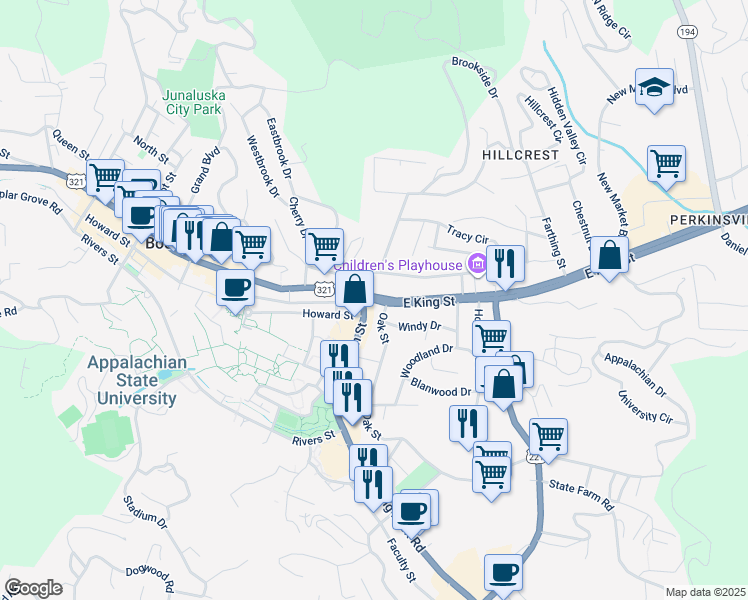 map of restaurants, bars, coffee shops, grocery stores, and more near 124 East King Street in Boone
