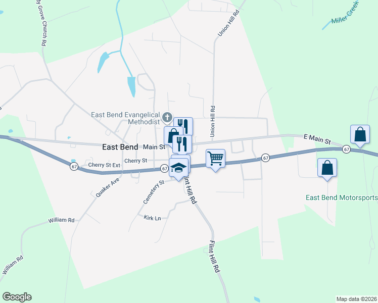 map of restaurants, bars, coffee shops, grocery stores, and more near 112 Main Street in East Bend