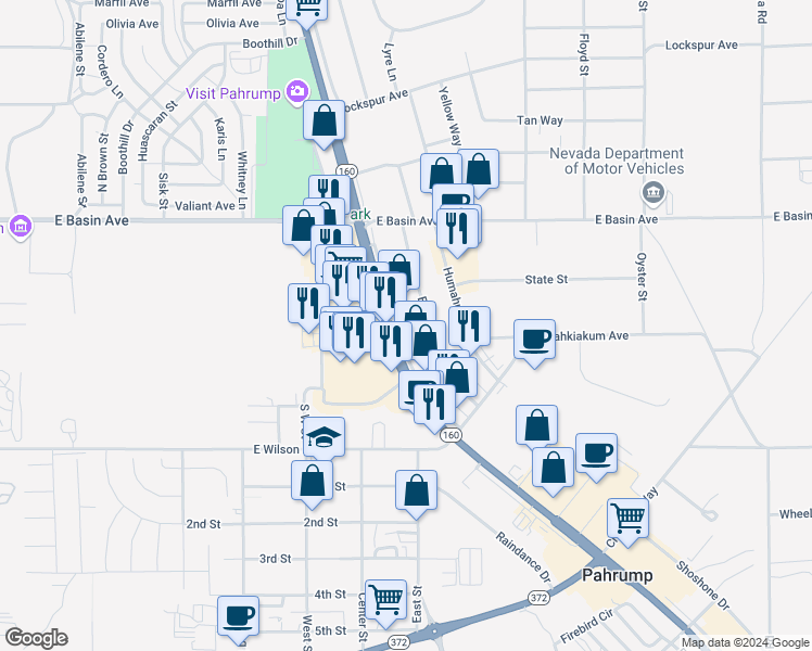 map of restaurants, bars, coffee shops, grocery stores, and more near 2 South Frontage Road in Pahrump