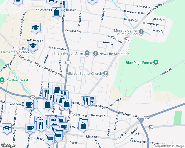 map of restaurants, bars, coffee shops, grocery stores, and more near 213 Burdock Street in Lebanon