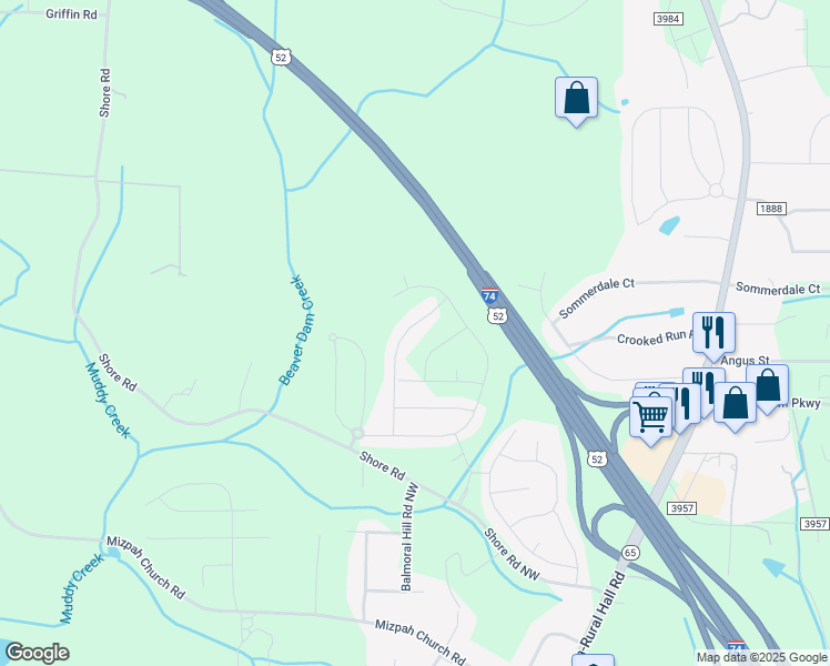 map of restaurants, bars, coffee shops, grocery stores, and more near 1551 Shore Road in Rural Hall