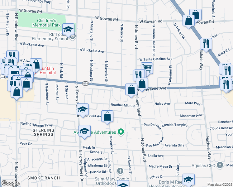 map of restaurants, bars, coffee shops, grocery stores, and more near 6031 West Cheyenne Avenue in Las Vegas