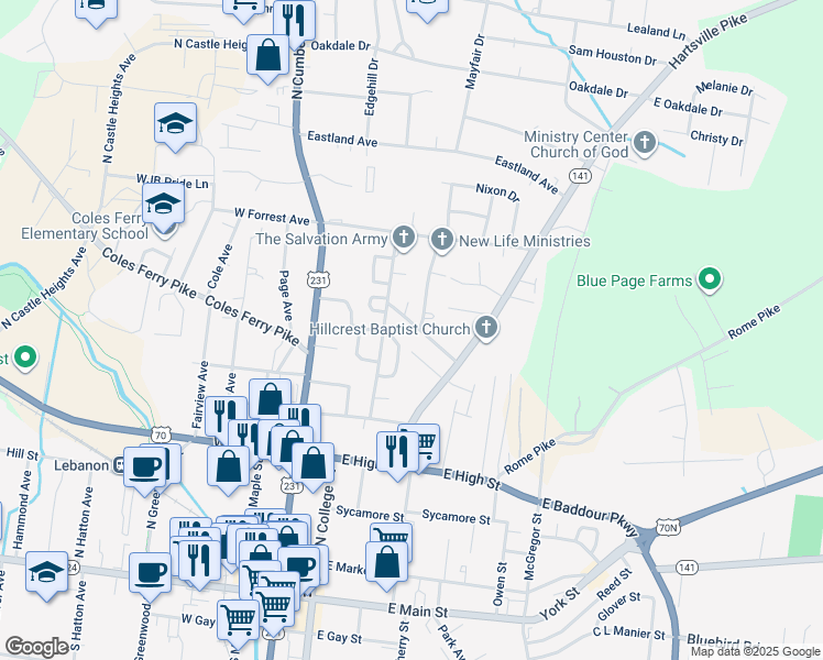 map of restaurants, bars, coffee shops, grocery stores, and more near 208 Burdock Street in Lebanon
