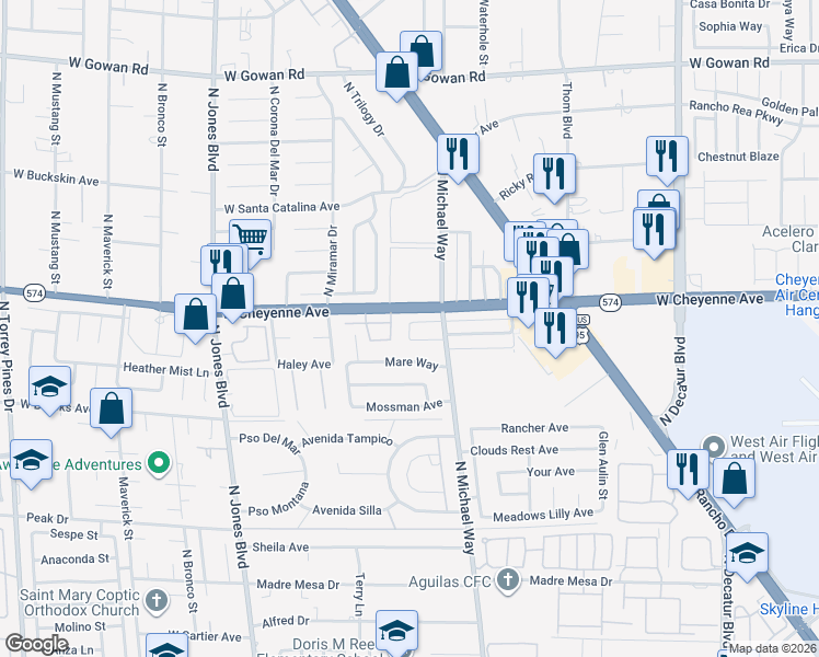 map of restaurants, bars, coffee shops, grocery stores, and more near 5507 West Cheyenne Avenue in Las Vegas