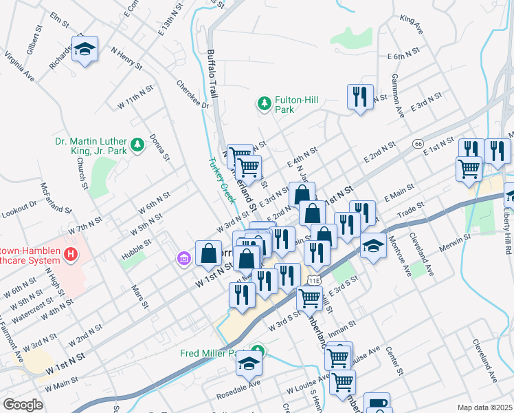map of restaurants, bars, coffee shops, grocery stores, and more near 314 North Cumberland Street in Morristown