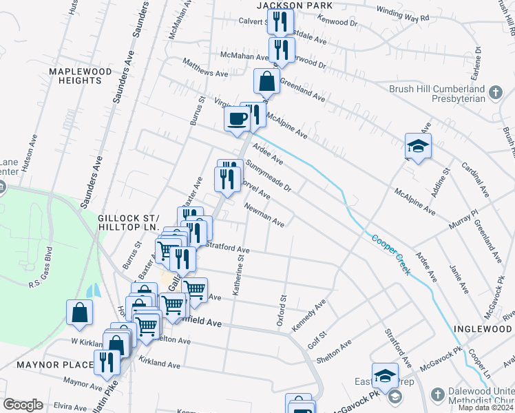 map of restaurants, bars, coffee shops, grocery stores, and more near 3822 Katherine Street in Nashville