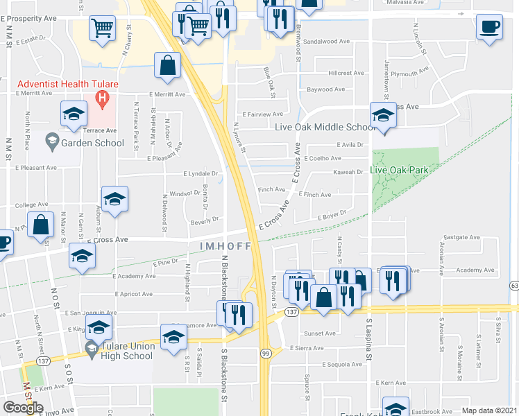 map of restaurants, bars, coffee shops, grocery stores, and more near 485 North Lynora Street in Tulare