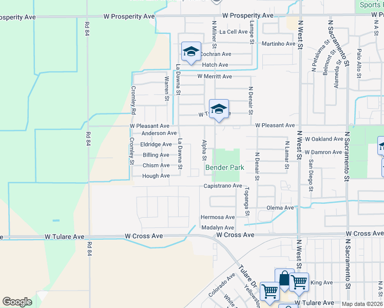 map of restaurants, bars, coffee shops, grocery stores, and more near 2043 West Pleasant Avenue in Tulare