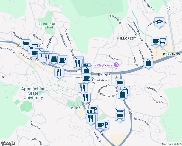 map of restaurants, bars, coffee shops, grocery stores, and more near 124 East King Street in Boone