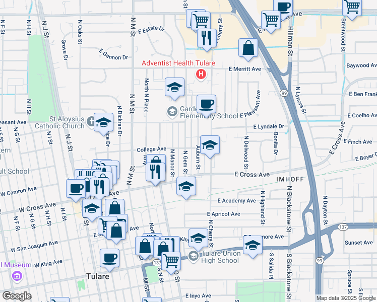 map of restaurants, bars, coffee shops, grocery stores, and more near 558 North Gem Street in Tulare