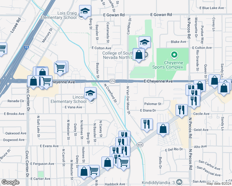 map of restaurants, bars, coffee shops, grocery stores, and more near 3106 Cummings Street in North Las Vegas
