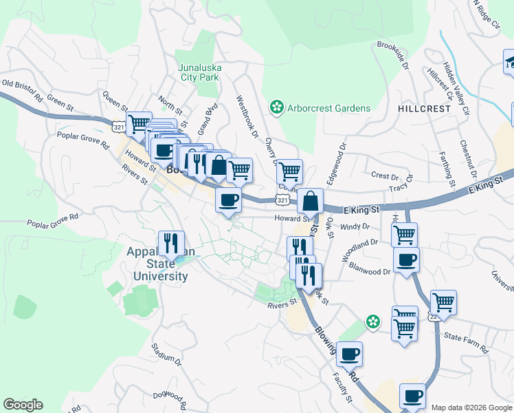 map of restaurants, bars, coffee shops, grocery stores, and more near 293 West King Street in Boone