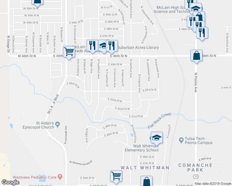 map of restaurants, bars, coffee shops, grocery stores, and more near 606 East 43rd Street North in Tulsa
