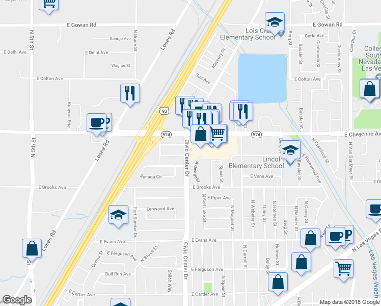 map of restaurants, bars, coffee shops, grocery stores, and more near 2045 East Cheyenne Avenue in North Las Vegas