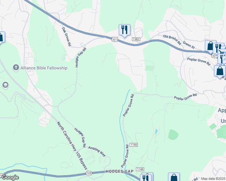 map of restaurants, bars, coffee shops, grocery stores, and more near 1374 Poplar Grove Road in Boone