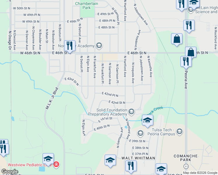map of restaurants, bars, coffee shops, grocery stores, and more near 555 East 42nd Place North in Tulsa