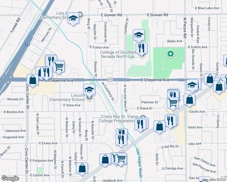 map of restaurants, bars, coffee shops, grocery stores, and more near 3106 Cummings Street in North Las Vegas