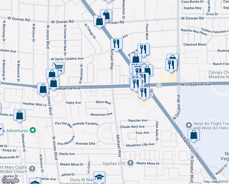 map of restaurants, bars, coffee shops, grocery stores, and more near 5325 Redberry Street in Las Vegas