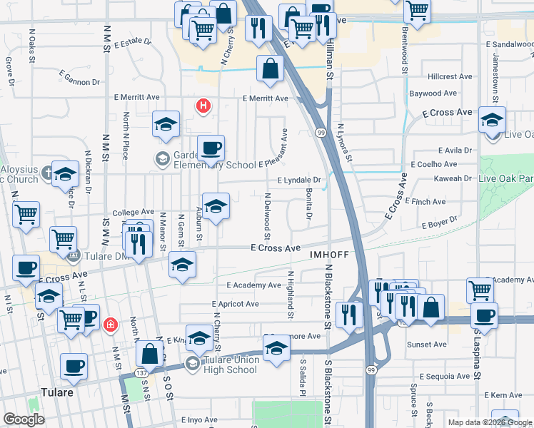 map of restaurants, bars, coffee shops, grocery stores, and more near 601 North Delwood Street in Tulare