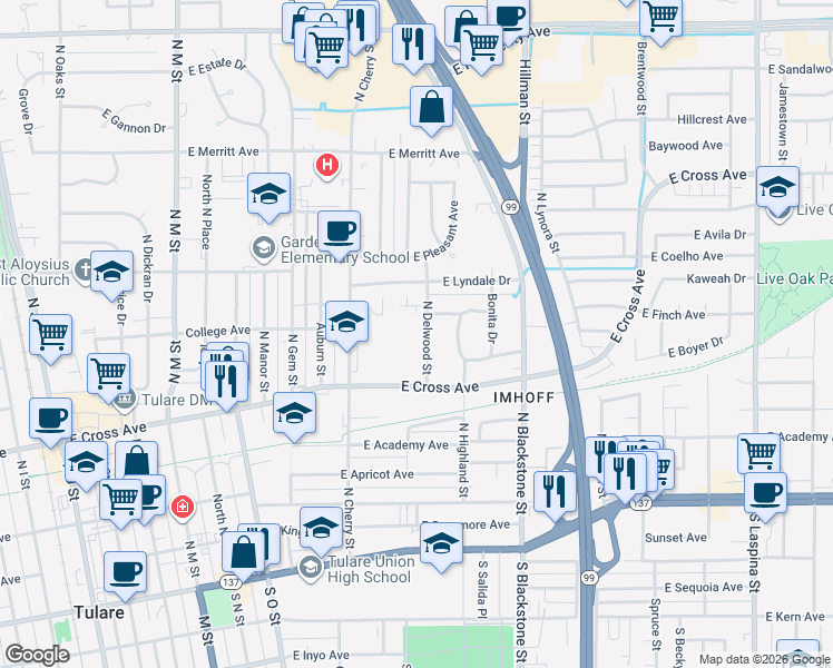 map of restaurants, bars, coffee shops, grocery stores, and more near 601 North Delwood Street in Tulare