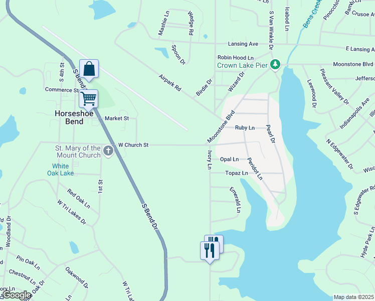 map of restaurants, bars, coffee shops, grocery stores, and more near 201 West Church Street in Horseshoe Bend