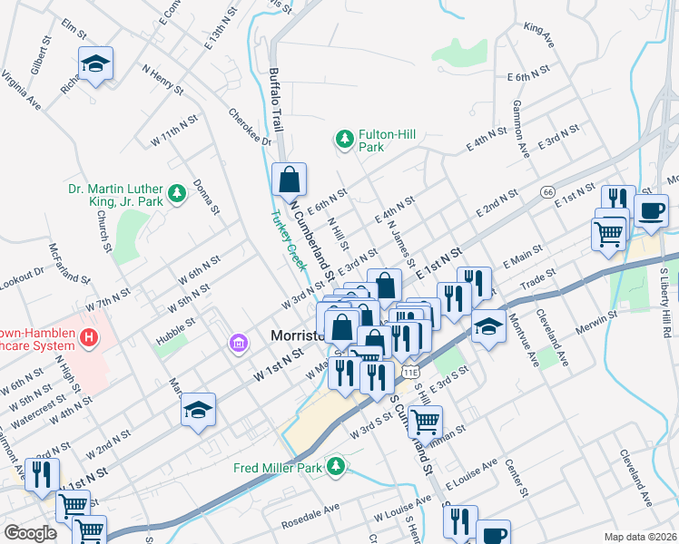 map of restaurants, bars, coffee shops, grocery stores, and more near 314 North Cumberland Street in Morristown