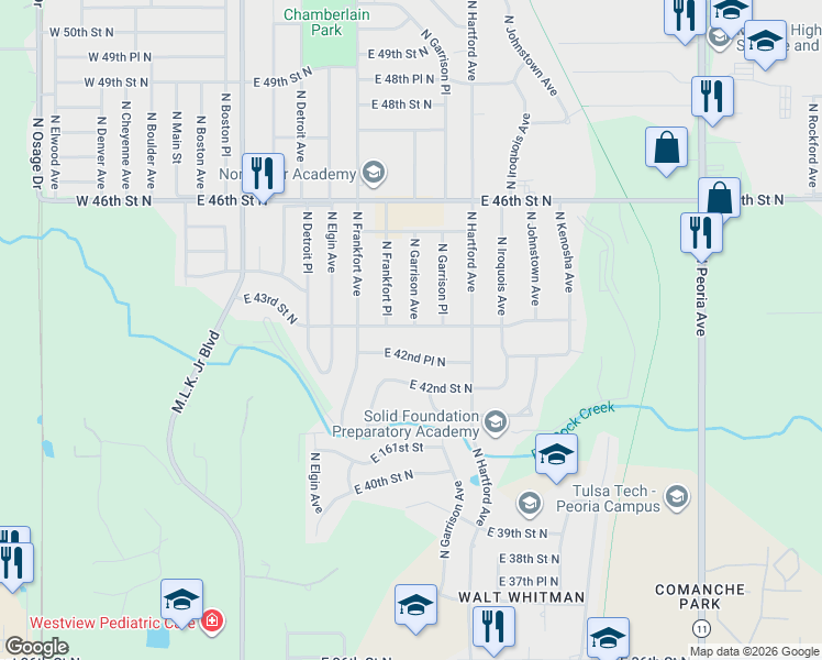 map of restaurants, bars, coffee shops, grocery stores, and more near 555 East 42nd Place North in Tulsa