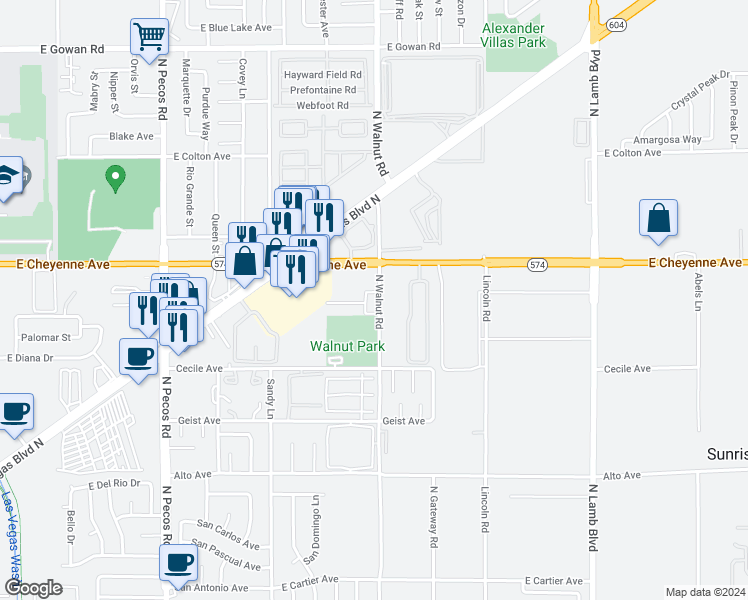 map of restaurants, bars, coffee shops, grocery stores, and more near 3145 North Walnut Road in Las Vegas