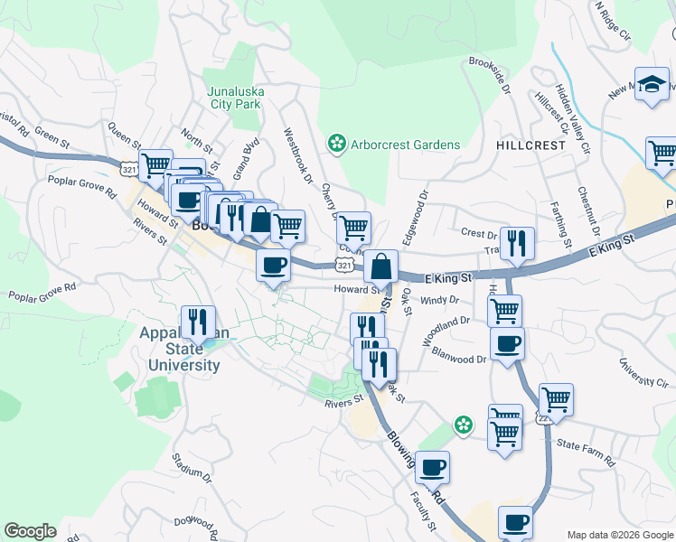 map of restaurants, bars, coffee shops, grocery stores, and more near 229 West King Street in Boone