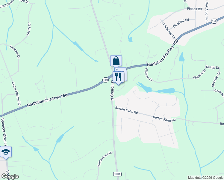 map of restaurants, bars, coffee shops, grocery stores, and more near State Road 1001 in Greensboro