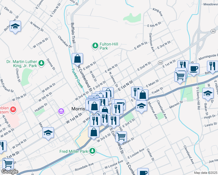 map of restaurants, bars, coffee shops, grocery stores, and more near 307 East 2nd North Street in Morristown