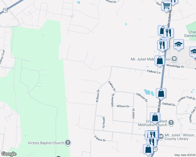 map of restaurants, bars, coffee shops, grocery stores, and more near 1935 North Bass Drive in Mt. Juliet