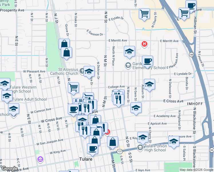 map of restaurants, bars, coffee shops, grocery stores, and more near 543 North M Street in Tulare