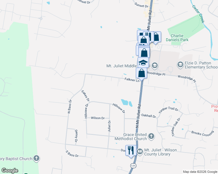 map of restaurants, bars, coffee shops, grocery stores, and more near 111 Faulkner Lane in Mt. Juliet