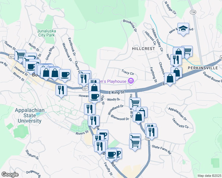 map of restaurants, bars, coffee shops, grocery stores, and more near 229 East King Street in Boone