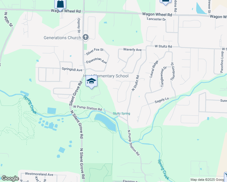map of restaurants, bars, coffee shops, grocery stores, and more near 2383 Surrey Lane in Springdale
