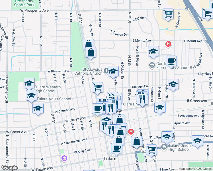 map of restaurants, bars, coffee shops, grocery stores, and more near 605 Welch Drive in Tulare
